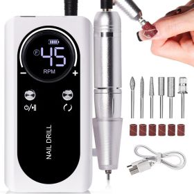 Portable Nail Drill Machine Professional 45000RPM, Rechargeable Electric Nail Drill Machine for Acrylic Nail Gel Polish Removal (Color: White)